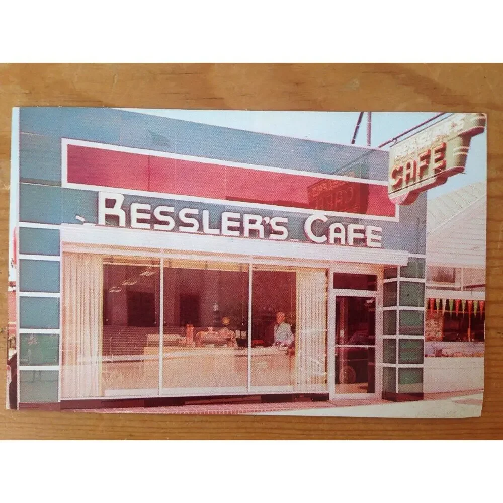 1955 Vintage Art Deco Style Resslers Cafe Diner Bismark ND Unposted Postcard